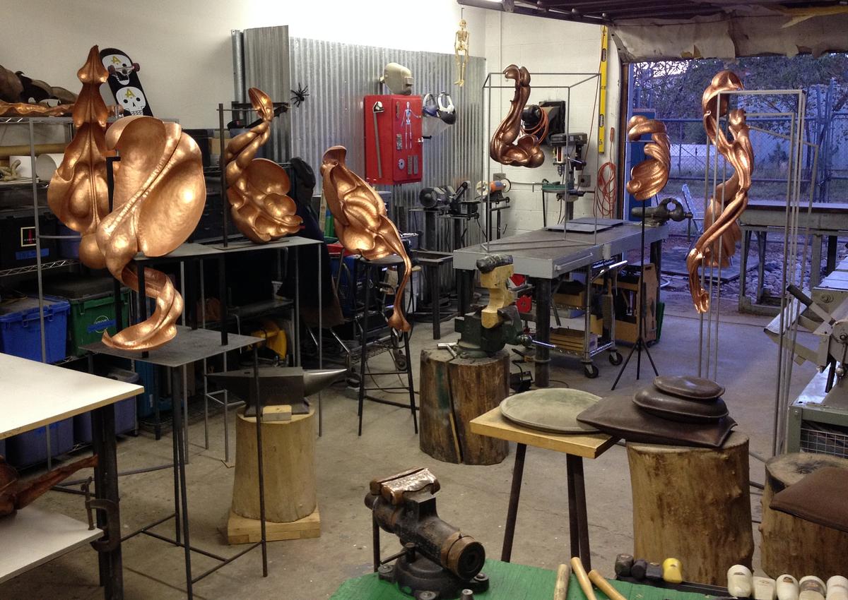 Kaiwerx Studio final preparations of Epidermal Plane series. Kai Wolter, Metalsmith, Kaiwerx Studio, sculpture, copper